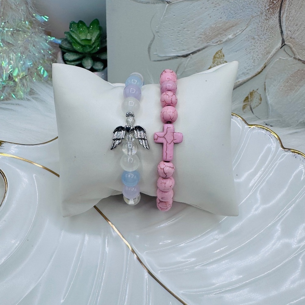 Angel Wing and Cross Beaded Bracelet Set
